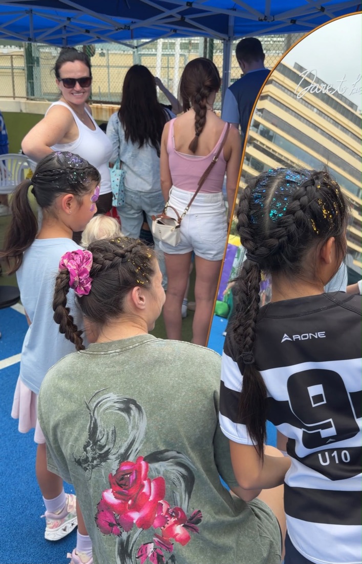 Girls with fresh braids, glitter and scrunchies at the pop-up